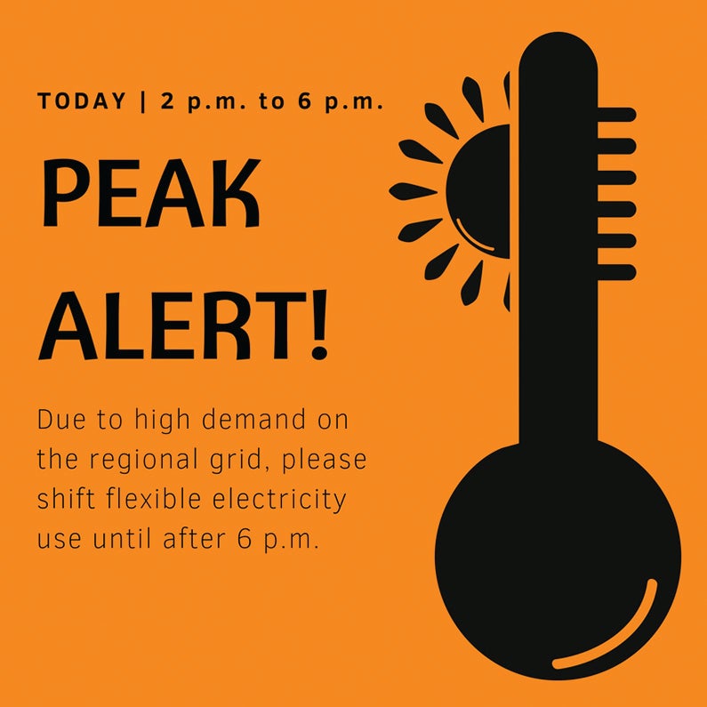 orange box with peak alert text and thermometer with a sun