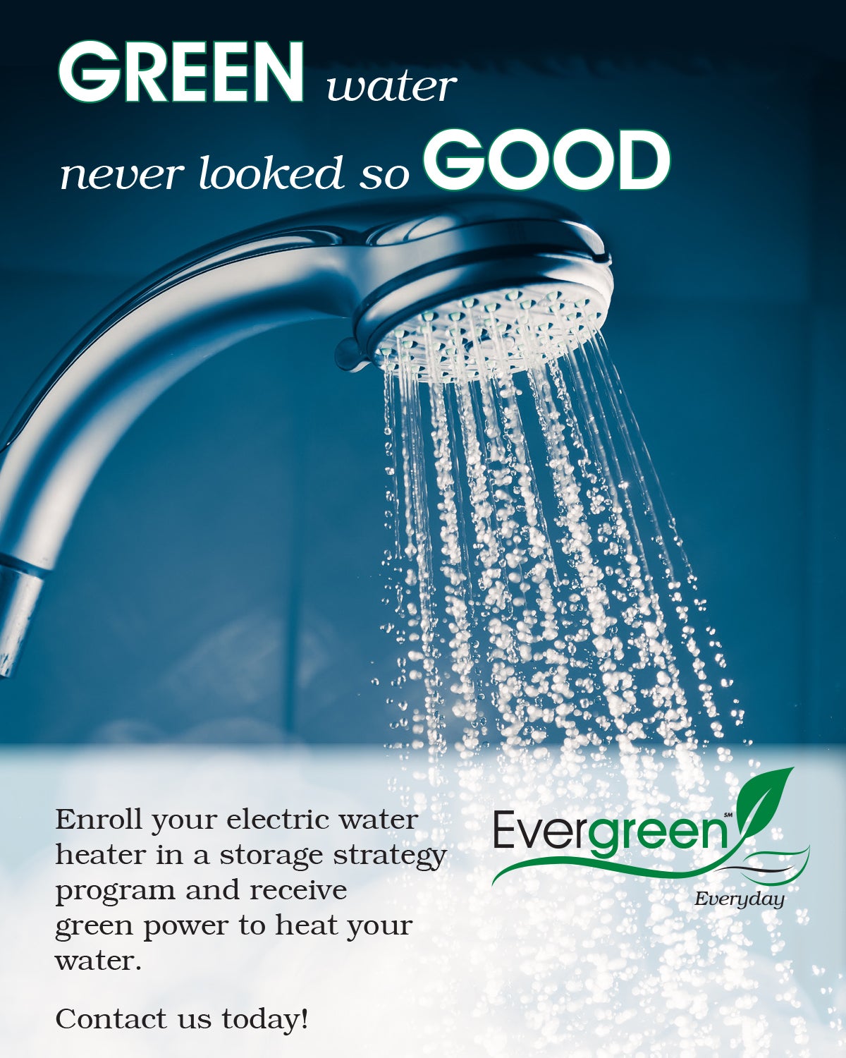 water coming out of shower head with text green water never looked so good
